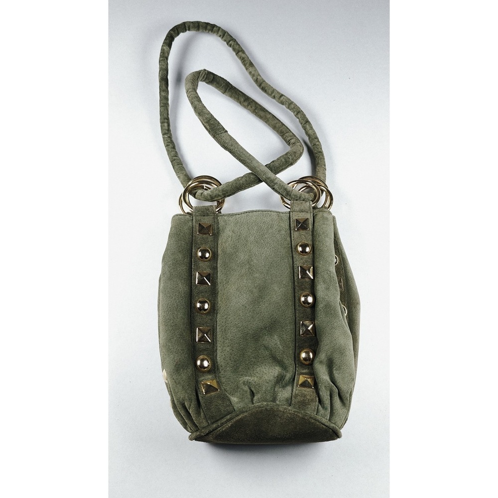 La Covina Olive Green Suede Studded Bucket Bag Genuine Leather Golden‎ Hardware